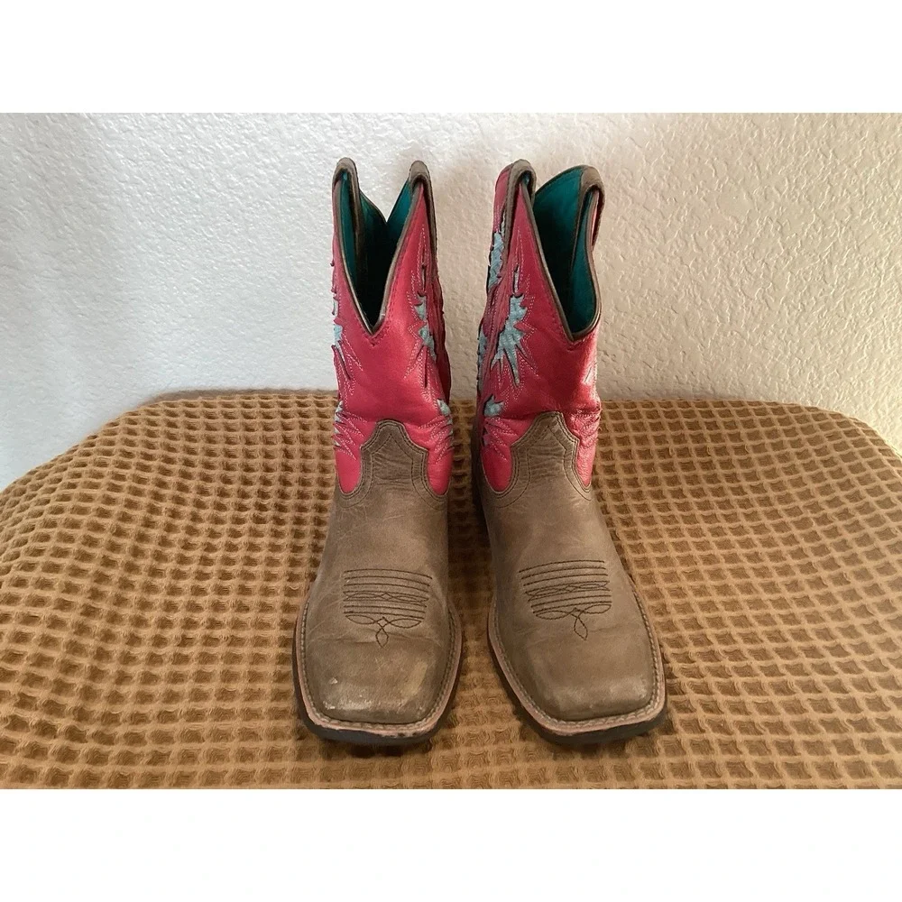 Ariat Pink Square Toe Boots Girls Sz 3 Brown Leather Western Cross Cowgirl